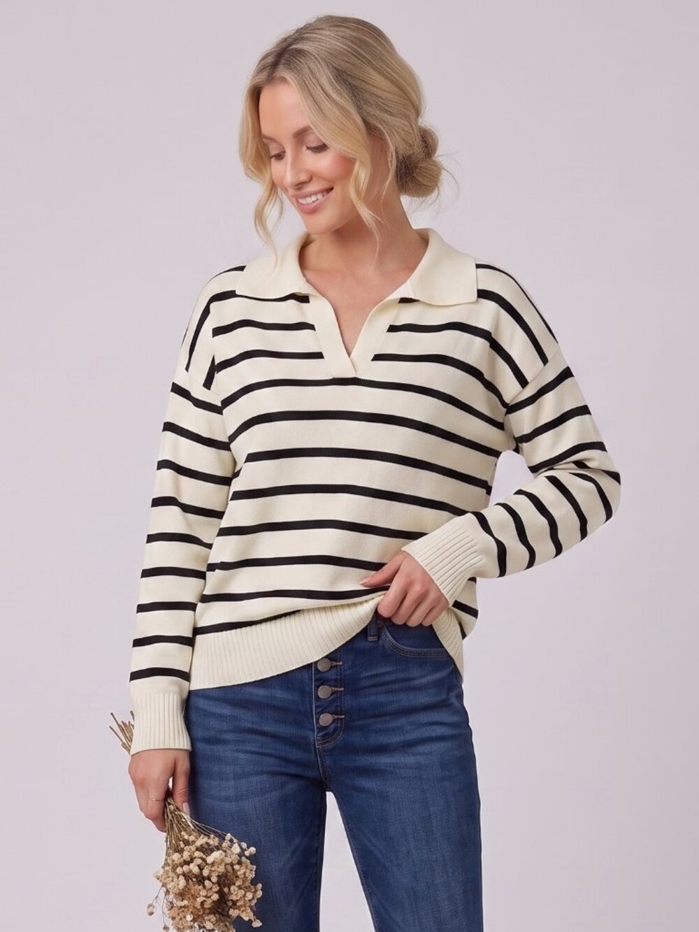 Women's Off White Black Striped Polo Sweater Drop Shoulder Long Sleeve Knit Top - Picture 1 of 4